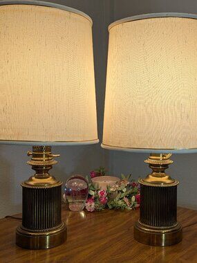 2 Vntg Mid-Century STIFFEL Hollywood Regency Brass MCM Table Lamps Heavy Retro